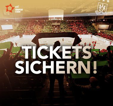 Ankündigungsgrafik des SC Magdeburg mit dem großen weißen Schriftzug „TICKETS SICHERN!“.